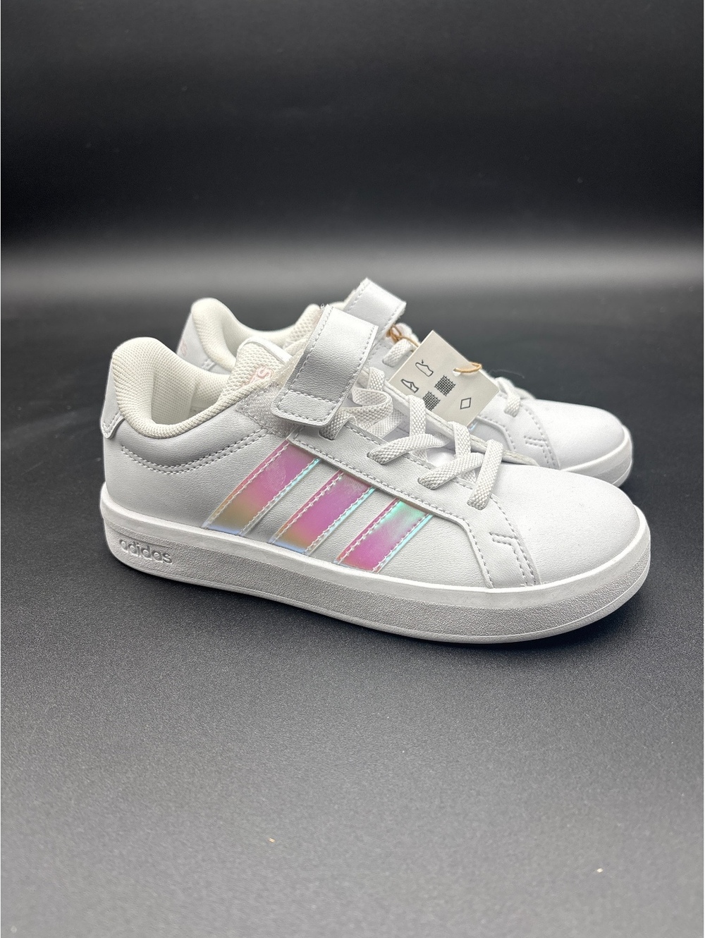 Adidas Kids White Sneakers with Iridescent Stripes Size 1